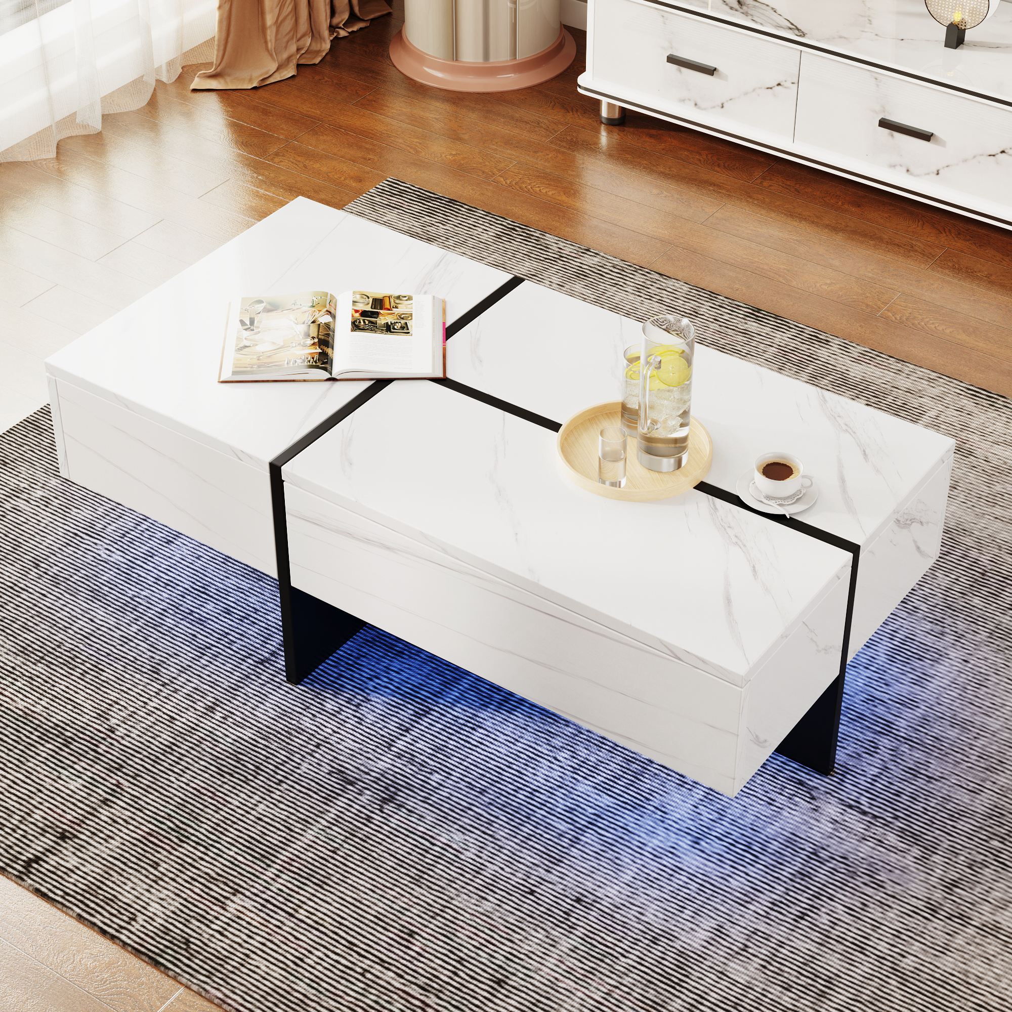 High-Gloss Coffee Table, White Marble Imitation Structure with Matching Black Table, 60x60x42 cm