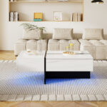High-Gloss Coffee Table, White Marble Imitation Structure with Matching Black Table, 60x60x42 cm - Image 10