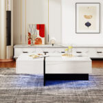 High-Gloss Coffee Table, White Marble Imitation Structure with Matching Black Table, 60x60x42 cm - Image 11