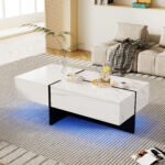High-Gloss Coffee Table, White Marble Imitation Structure with Matching Black Table, 60x60x42 cm - Image 2