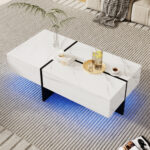 High-Gloss Coffee Table, White Marble Imitation Structure with Matching Black Table, 60x60x42 cm - Image 3