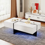 High-Gloss Coffee Table, White Marble Imitation Structure with Matching Black Table, 60x60x42 cm - Image 9
