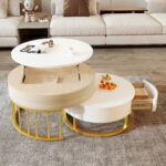 Combination of Large and Small Round Coffee Tables, Height-Adjustable Table Top, Drawer, Golden Details