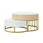 Combination of Large and Small Round Coffee Tables, Height-Adjustable Table Top, Drawer, Golden Details - Image 10