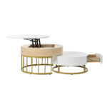 Combination of Large and Small Round Coffee Tables, Height-Adjustable Table Top, Drawer, Golden Details - Image 12
