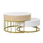 Combination of Large and Small Round Coffee Tables, Height-Adjustable Table Top, Drawer, Golden Details - Image 15