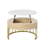 Combination of Large and Small Round Coffee Tables, Height-Adjustable Table Top, Drawer, Golden Details - Image 16