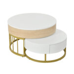Combination of Large and Small Round Coffee Tables, Height-Adjustable Table Top, Drawer, Golden Details - Image 18