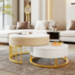 Combination of Large and Small Round Coffee Tables, Height-Adjustable Table Top, Drawer, Golden Details - Image 2