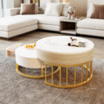 Combination of Large and Small Round Coffee Tables, Height-Adjustable Table Top, Drawer, Golden Details - Image 3