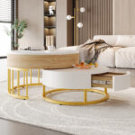 Combination of Large and Small Round Coffee Tables, Height-Adjustable Table Top, Drawer, Golden Details - Image 6