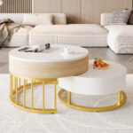 Combination of Large and Small Round Coffee Tables, Height-Adjustable Table Top, Drawer, Golden Details - Image 9