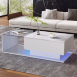 Vysokolesklý biely konferenčný stôl 100x50x32 cm - so sklenenou doskou a zásuvkami, odolný voči poškriabaniu, s 1 zásuvkou – Obrázok 11