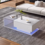 Vysokolesklý biely konferenčný stôl 100x50x32 cm - so sklenenou doskou a zásuvkami, odolný voči poškriabaniu, s 1 zásuvkou – Obrázok 13