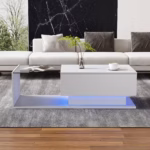 Vysokolesklý biely konferenčný stôl 100x50x32 cm - so sklenenou doskou a zásuvkami, odolný voči poškriabaniu, s 1 zásuvkou – Obrázok 8