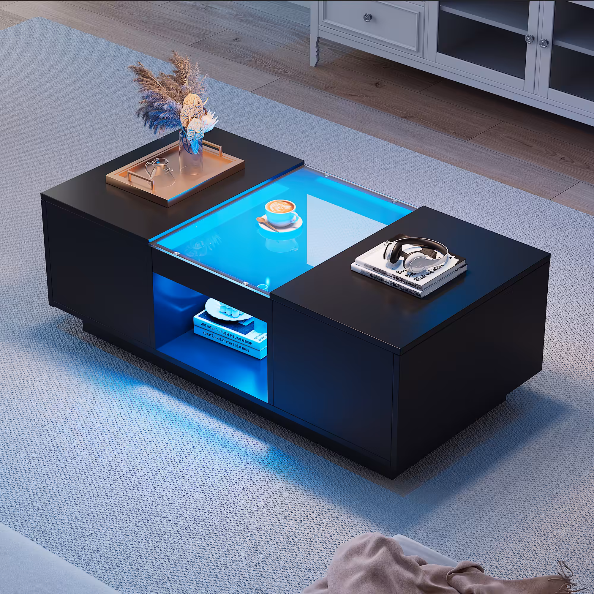 Čierny kávový stôl 100x50x35,5 cm - so sklenenou doskou, LED osvetlením, ovládaním cez aplikáciu, 2 zásuvkami