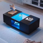 Čierny kávový stôl 100x50x35,5 cm - so sklenenou doskou, LED osvetlením, ovládaním cez aplikáciu, 2 zásuvkami – Obrázok 10