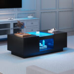 Black Coffee Table 100x50x35.5 cm - with Glass Panel, LED Lighting, App Control, 2 Drawers - Image 11
