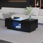 Black Coffee Table 100x50x35.5 cm - with Glass Panel, LED Lighting, App Control, 2 Drawers - Image 12