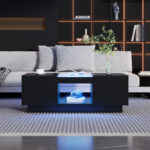 Black Coffee Table 100x50x35.5 cm - with Glass Panel, LED Lighting, App Control, 2 Drawers - Image 14