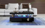 Black High-Gloss Coffee Table 95x50x42.5 cm - with 4 Glass Panels, 2 Drawers and 2 Open Compartments, U-Shaped - Image 11
