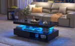 Black High-Gloss Coffee Table 95x50x42.5 cm - with 4 Glass Panels, 2 Drawers and 2 Open Compartments, U-Shaped - Image 16
