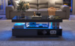 Black High-Gloss Coffee Table 95x50x42.5 cm - with 4 Glass Panels, 2 Drawers and 2 Open Compartments, U-Shaped - Image 29