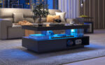 Black High-Gloss Coffee Table 95x50x42.5 cm - with 4 Glass Panels, 2 Drawers and 2 Open Compartments, U-Shaped - Image 31