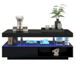 Black High-Gloss Coffee Table 95x50x42.5 cm - with 4 Glass Panels, 2 Drawers and 2 Open Compartments, U-Shaped - Image 34