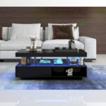 Black High-Gloss Coffee Table 95x50x42.5 cm - with 4 Glass Panels, 2 Drawers and 2 Open Compartments, U-Shaped - Image 36