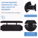 Čierny vysokolesklý konferenčný stolík 95x50x42,5 cm - so 4 sklenenými panelmi, 2 zásuvkami a 2 otvorenými oddeleniami, v tvare U – Obrázok 46