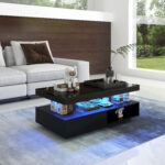 Black High-Gloss Coffee Table 95x50x42.5 cm - with 4 Glass Panels, 2 Drawers and 2 Open Compartments, U-Shaped - Image 5