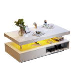 White High-Gloss Coffee Table 95x50x42.5 cm - with 4 Glass Panels, 2 Drawers and 2 Open Compartments, U-Shaped
