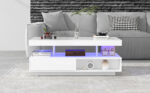 White High-Gloss Coffee Table 95x50x42.5 cm - with 4 Glass Panels, 2 Drawers and 2 Open Compartments, U-Shaped - Image 10
