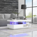 White High-Gloss Coffee Table 95x50x42.5 cm - with 4 Glass Panels, 2 Drawers and 2 Open Compartments, U-Shaped - Image 16