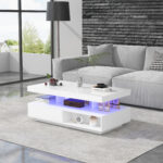 White High-Gloss Coffee Table 95x50x42.5 cm - with 4 Glass Panels, 2 Drawers and 2 Open Compartments, U-Shaped - Image 17