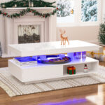 White High-Gloss Coffee Table 95x50x42.5 cm - with 4 Glass Panels, 2 Drawers and 2 Open Compartments, U-Shaped - Image 18