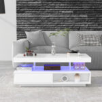White High-Gloss Coffee Table 95x50x42.5 cm - with 4 Glass Panels, 2 Drawers and 2 Open Compartments, U-Shaped - Image 19