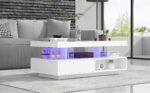 White High-Gloss Coffee Table 95x50x42.5 cm - with 4 Glass Panels, 2 Drawers and 2 Open Compartments, U-Shaped - Image 35