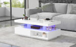 White High-Gloss Coffee Table 95x50x42.5 cm - with 4 Glass Panels, 2 Drawers and 2 Open Compartments, U-Shaped - Image 7