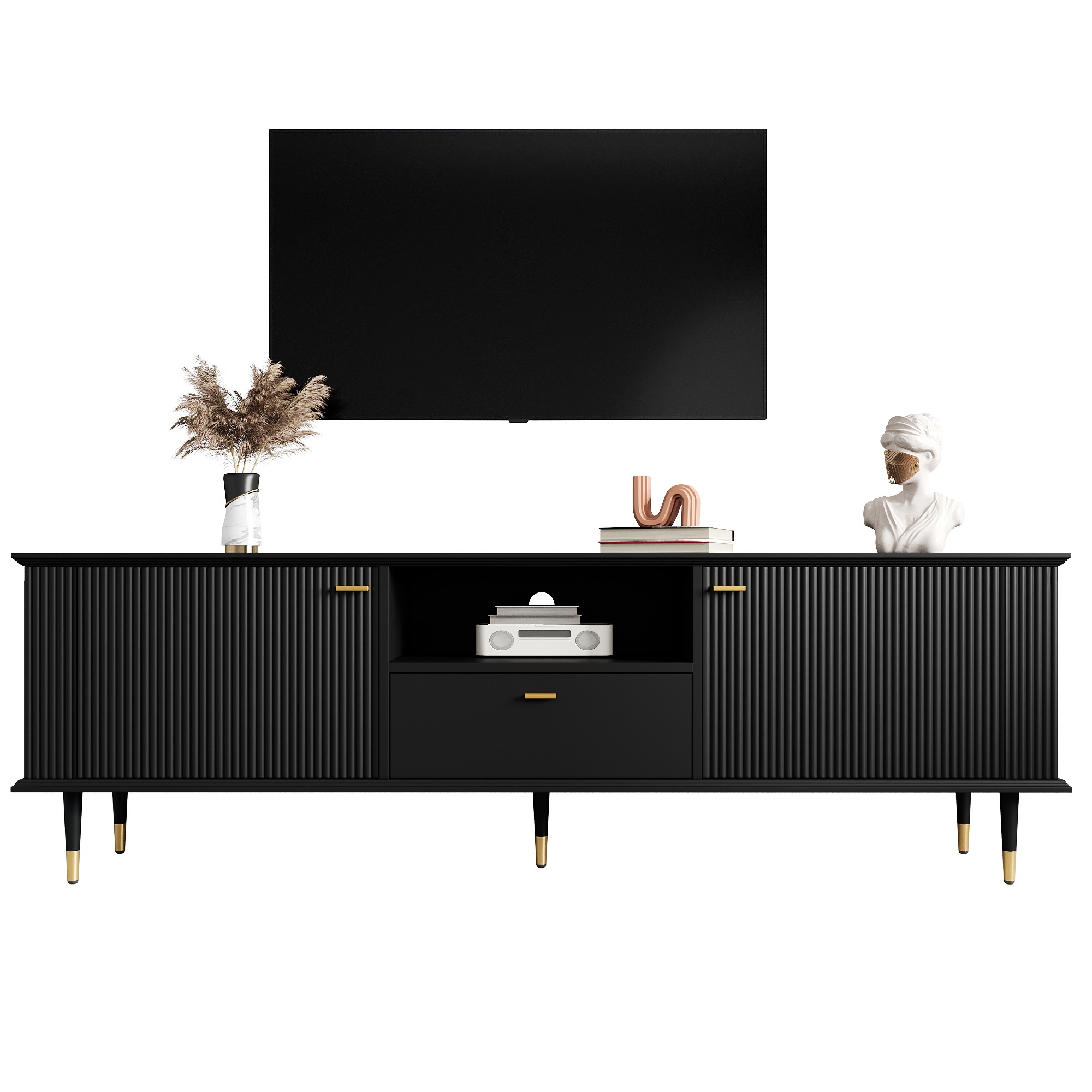 TV cabinet with open compartments and drawers, lacquered textured surface, soft-close hinges