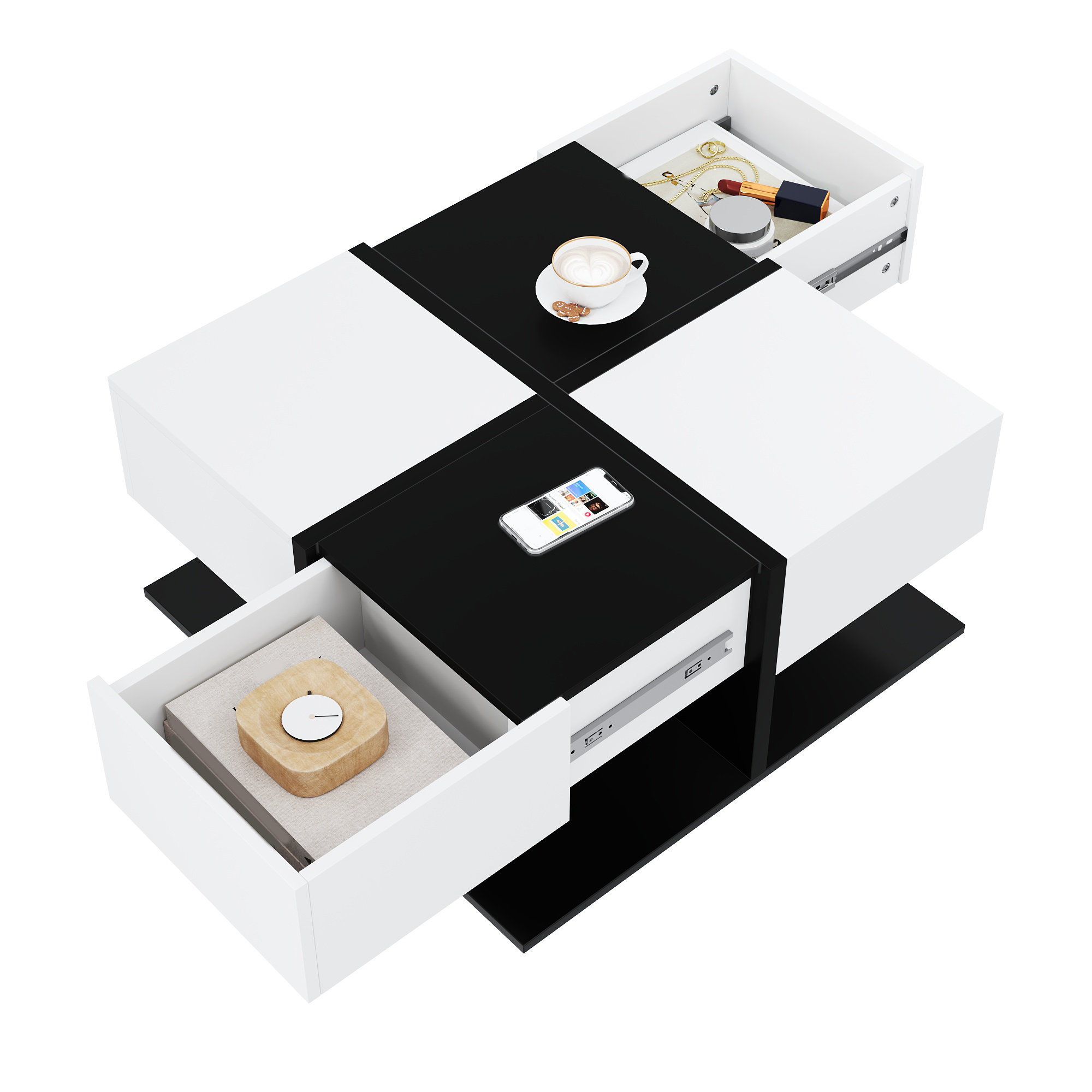 Moderner Couchtisch Schwarz Weiß 70×70×35,5 cm mit 2 Schubladen, Quadratischer Wohnzimmertisch mit S