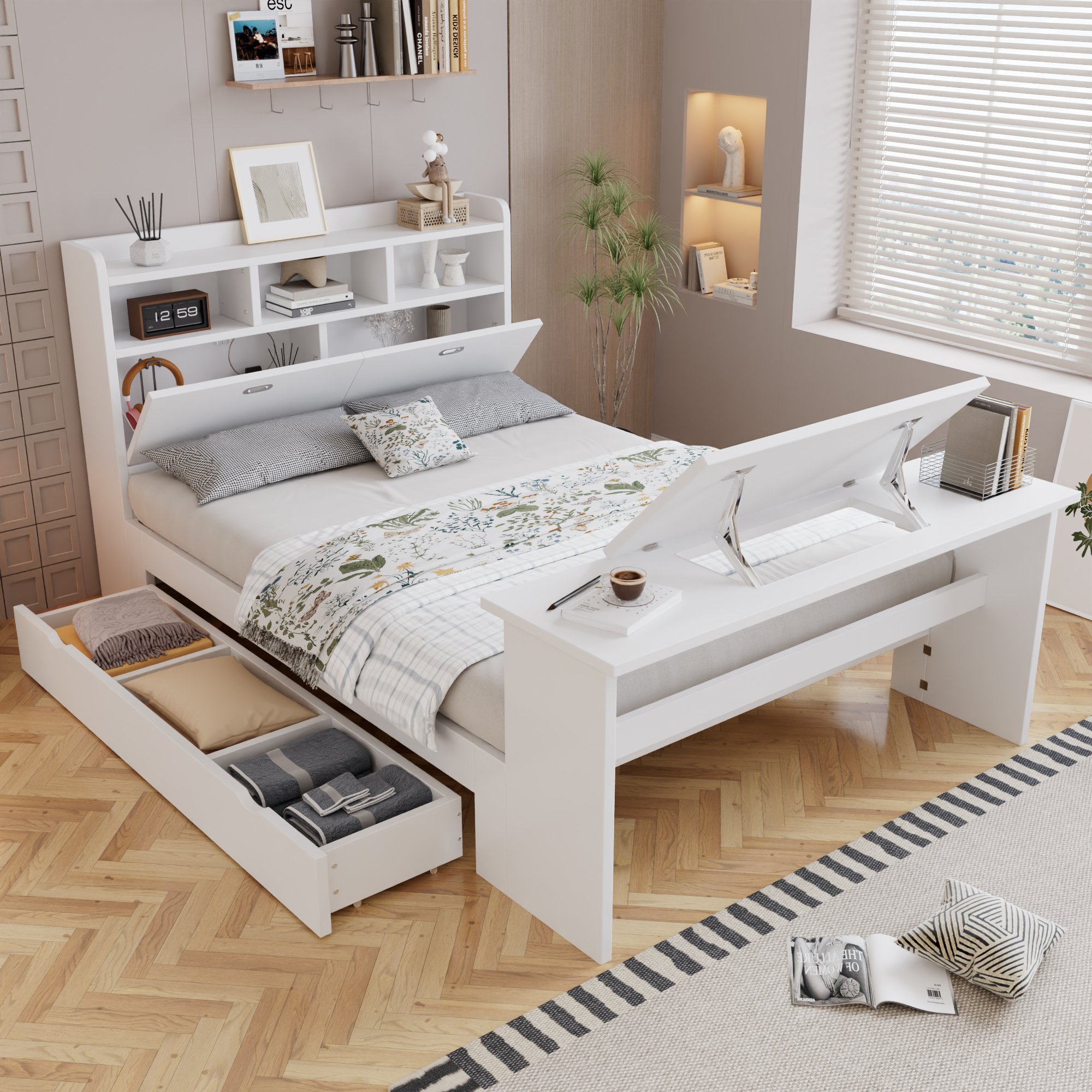 Children's Single Bed, Youth Bed with Storage, Bed Frame with Headboard Shelf, Pull-out Drawer and A