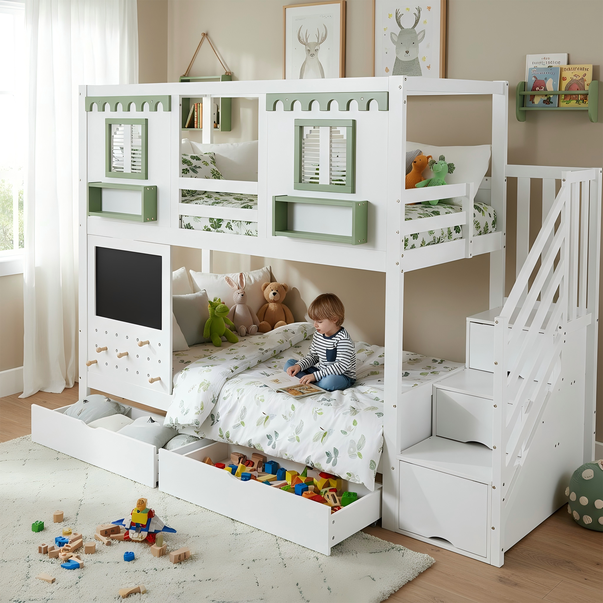 Bunk Bed, Kids Bed, with small pegboard area + 5 included wooden hooks, two drawers, with stair stor