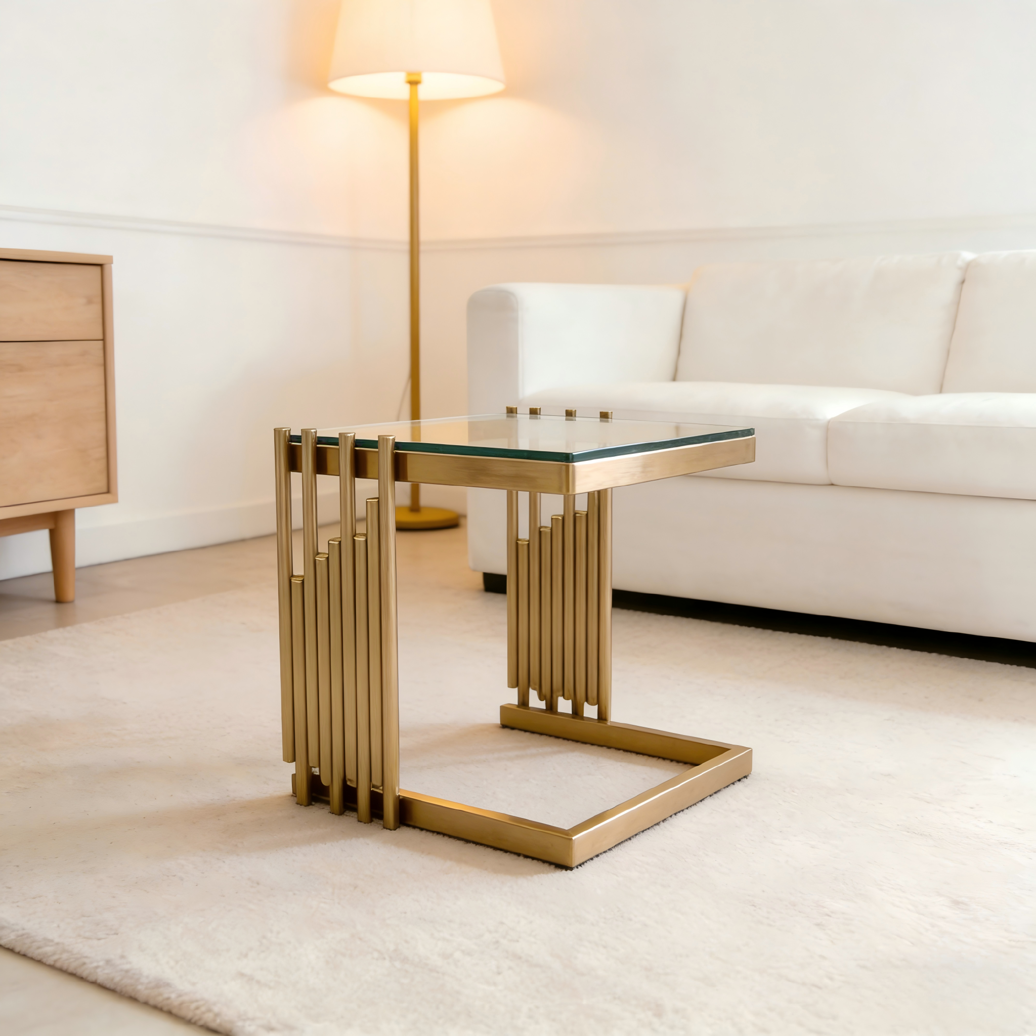 41cm Modern Square Side Table for Living Room, Small End Table with Clear Tempered Glass Tabletop an
