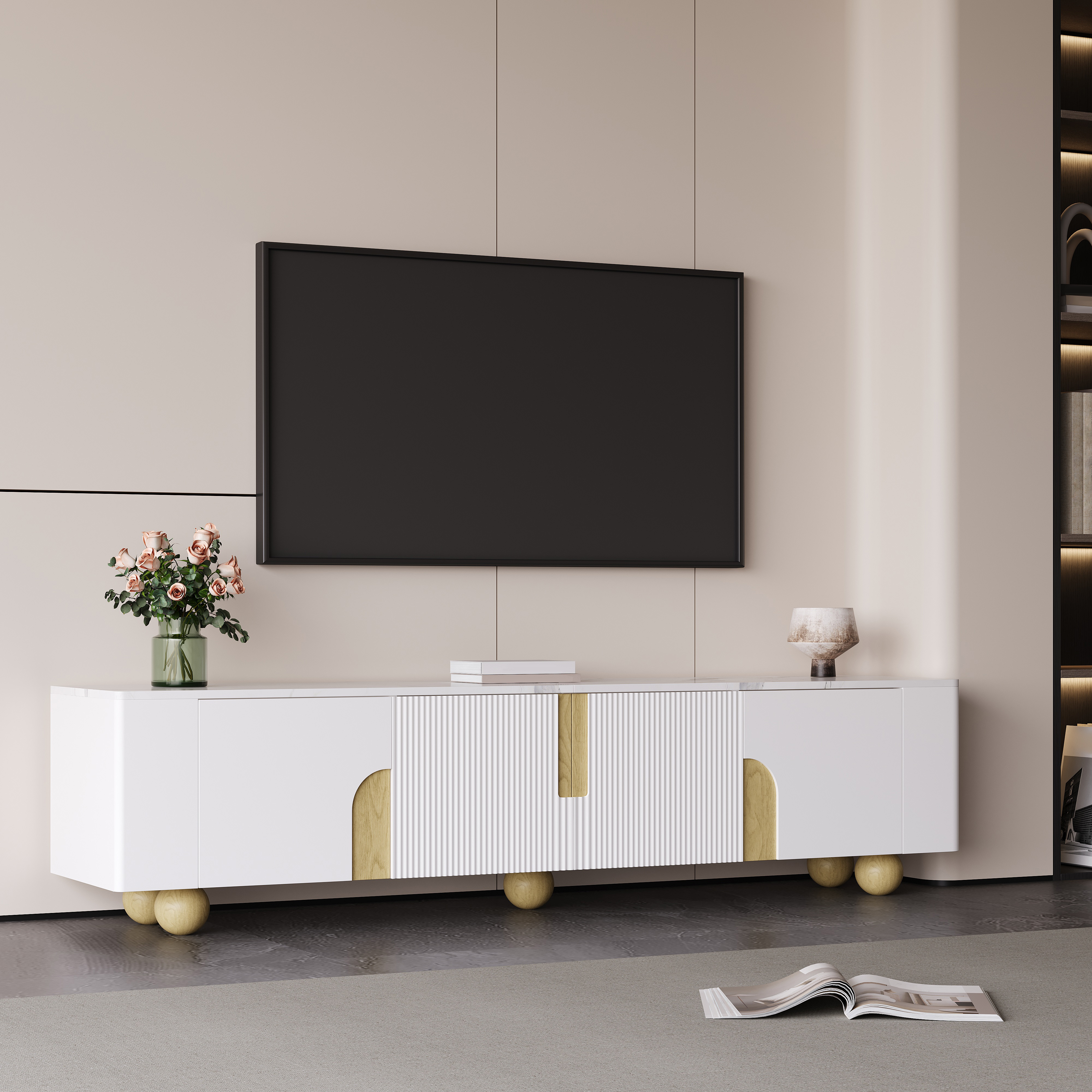 White TV cabinet 180 cm, 4 doors, elegant design, marble-look surface, spherical wooden legs