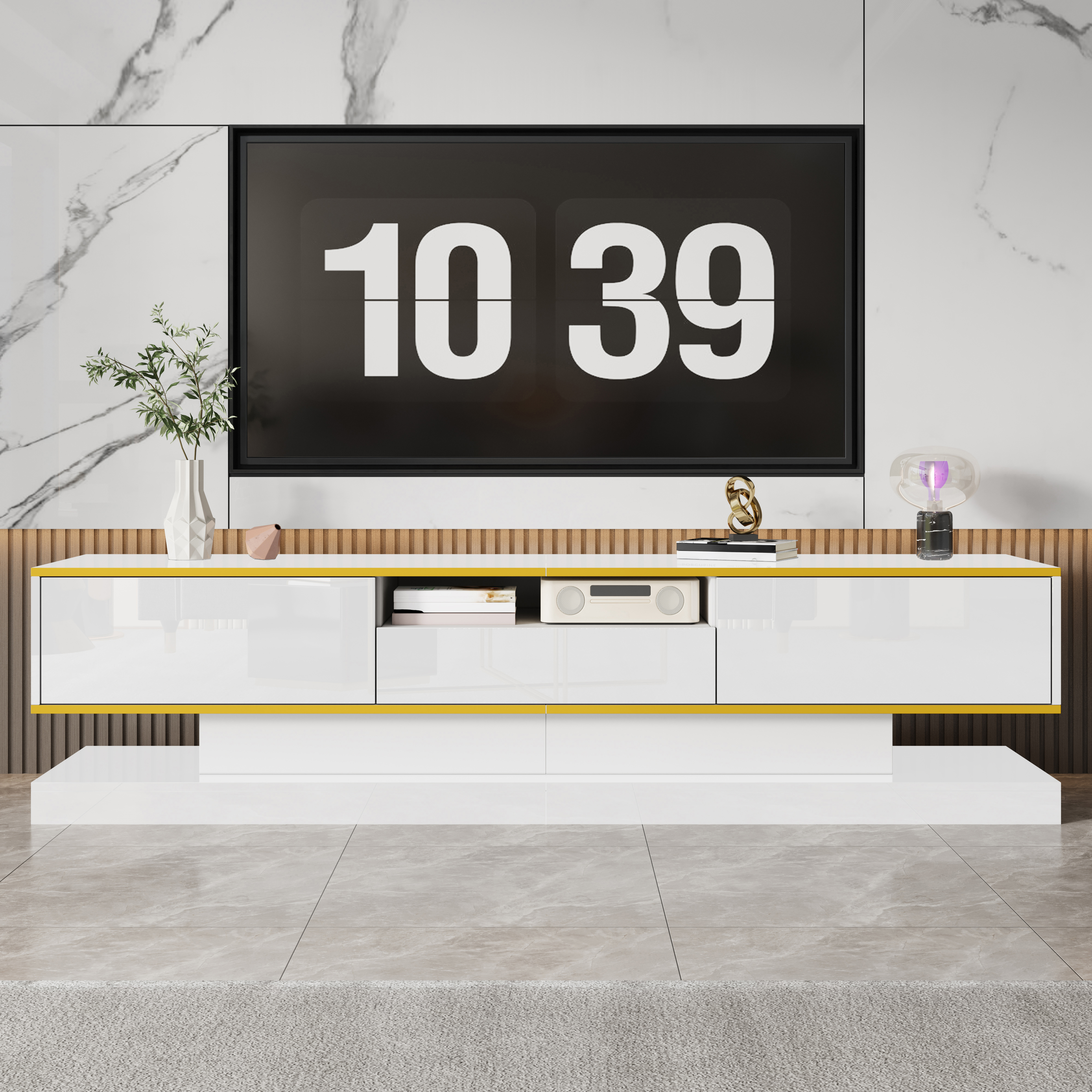 Modern TV cabinet with three drawers and one open shelf - high-gloss finish with color-changing LED