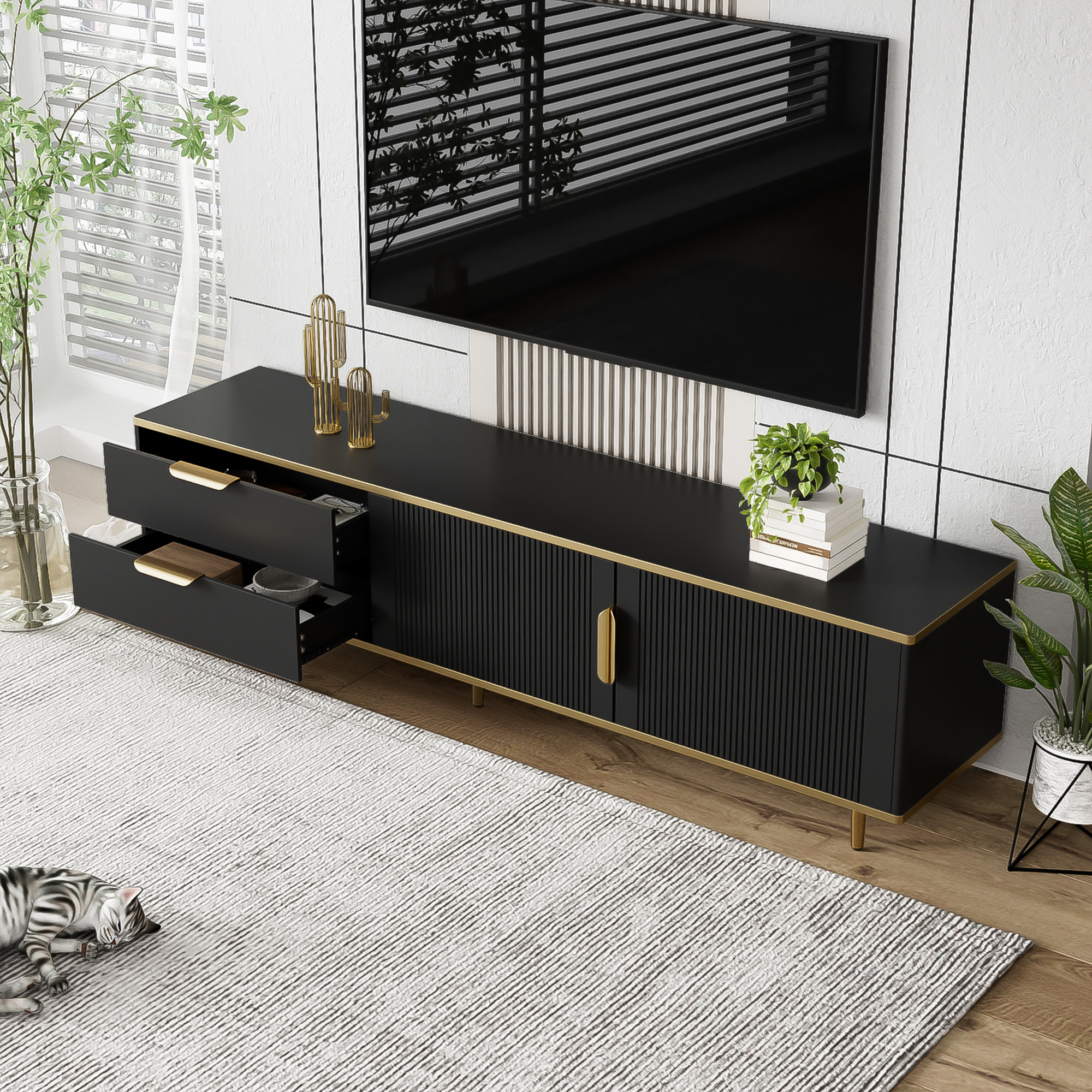 TV-Schrank, Lowboard, geschnitzte Struktur, goldene Griffe und Füße, Wohnzimmer TV-Möbel