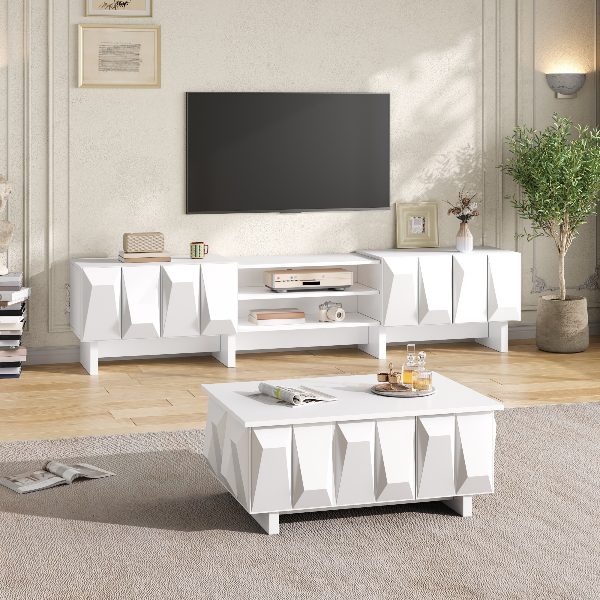 01 Living Room Set: TV Lowboard, Coffee Table, TV Cabinet, Particle Board Relief, 4 Doors, Open Shelf - Image 1