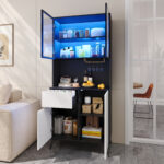 Tall cabinet, display cabinet, sideboard, credenza, dining room cabinet, living room cabinet, black- - Image 2